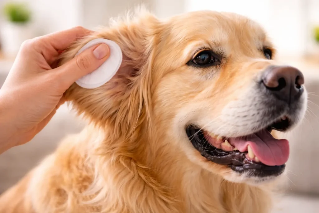 Sahibinin Golden Retriever köpeğinin kulağını nazikçe temizlediği detaylı veteriner görseli.