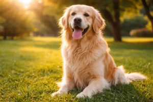 Yeşil çimlerde oturan, güneşte parlayan tüyleriyle mutlu şekilde gülümseyen bir Golden Retriever.