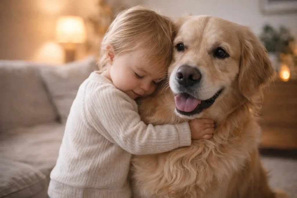 Küçük bir çocuğun Golden Retriever köpeğine sarıldığı sevgi dolu an.