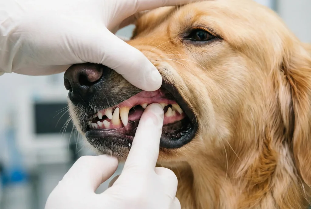 Veteriner hekimin köpeğin diş etine basarak kılıcal damar dolum süresini (CRT) kontrol etmesi.