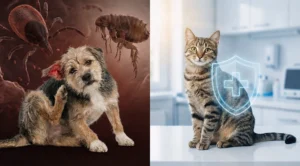 Bir yarısında kaşınan mutsuz bir köpek ve üzerinde büyütülmüş kene illüstrasyonu, diğer yarısında koruma kalkanı içinde sağlıklı ve mutlu bir kedi.