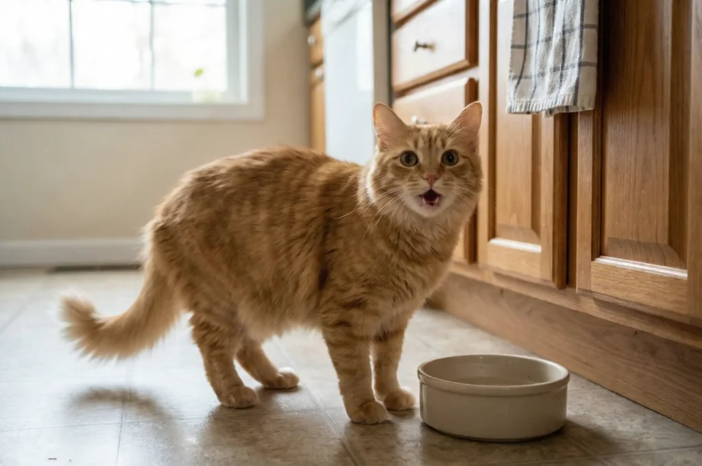 Boş mama kabının başında sahibine bakarak miyavlayan ve mırlayan talepkar kedi.