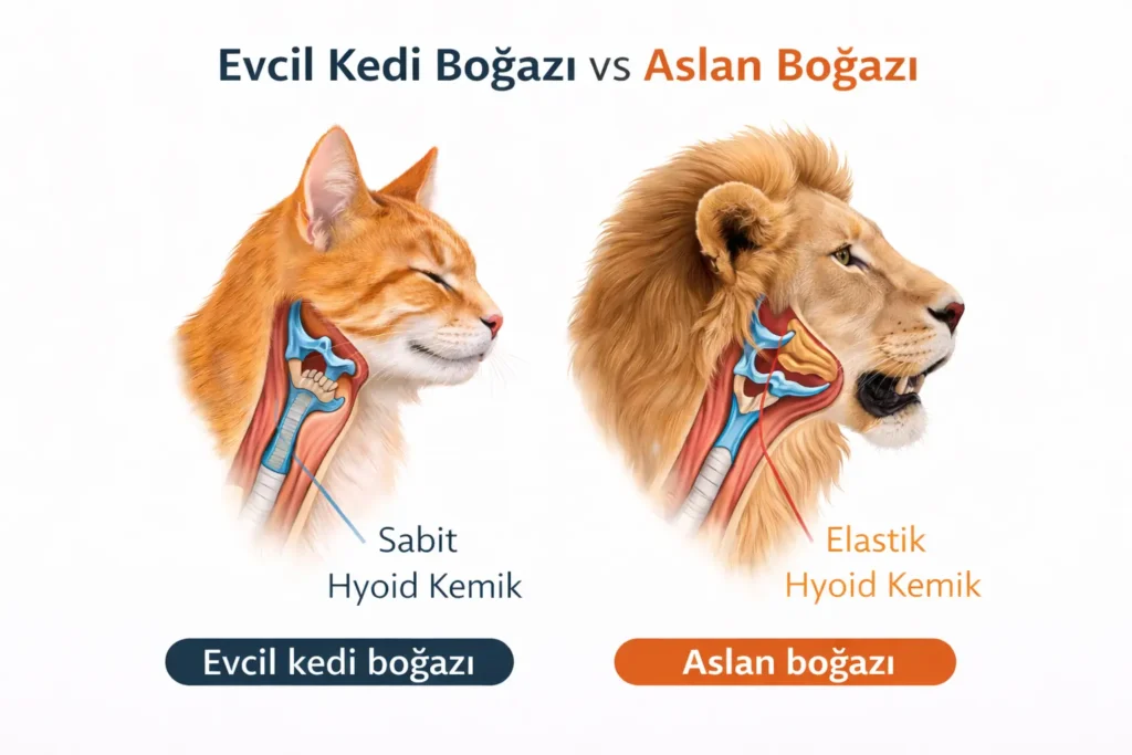 Ev kedisi ve aslanın gırtlak yapısını (Hiyoid kemiği) karşılaştıran eğitici infografik.