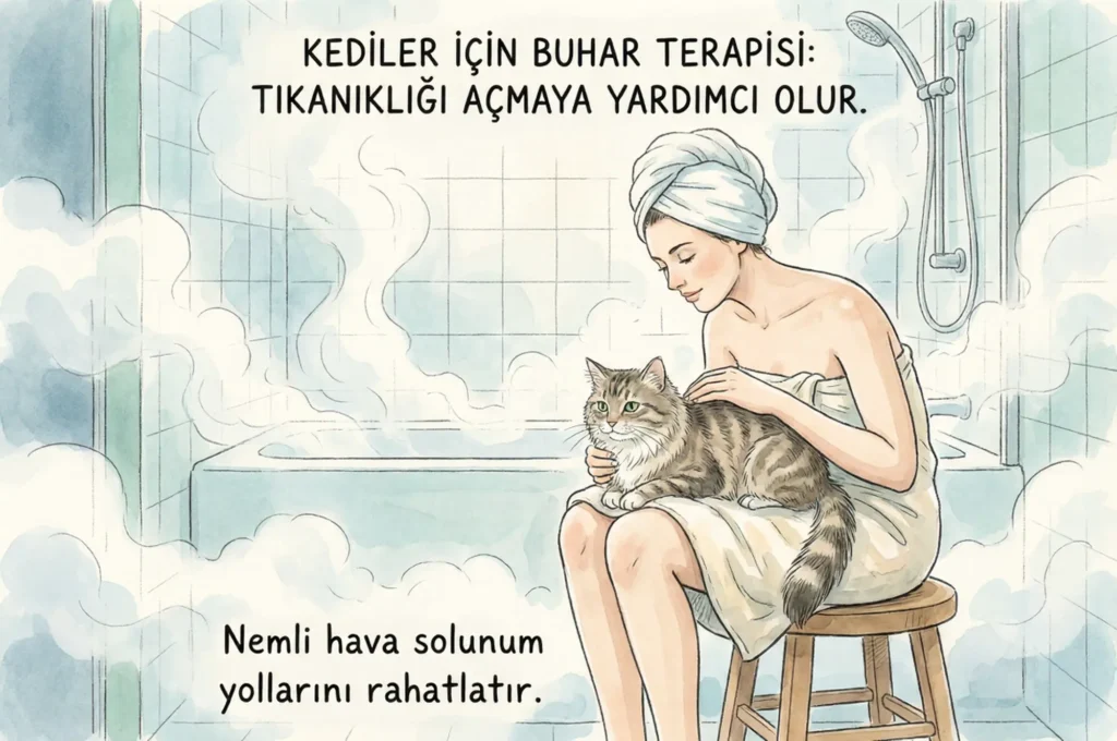 Banyoda buhar ortamında kediyle ilgilenen bir sahip, buharın etkisini gösteren illüstrasyon.