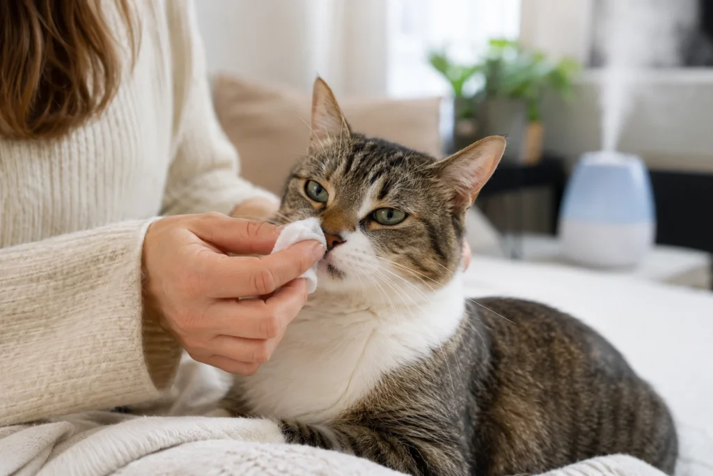 Kedi nezlesinde burun akıntısı nazikçe temizlenen ve nemli ortamla desteklenen kedi