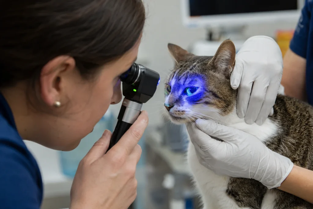 Kedi nezlesinde kornea ülseri şüphesiyle floresan göz muayenesi yapılan kedi