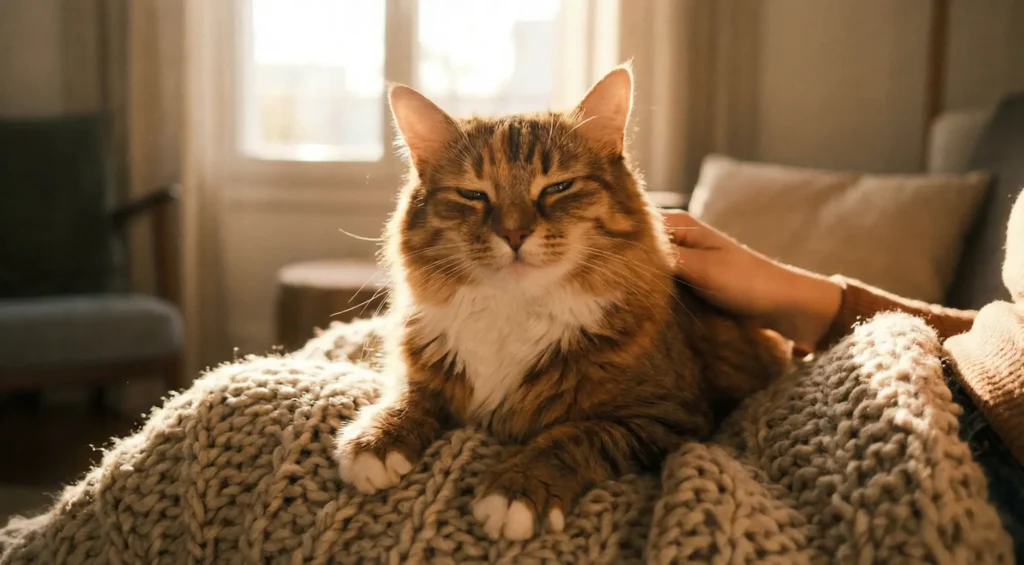Sahibinin dizlerindeki yumuşak bir battaniyeyi patileriyle yoğuran, gözleri kapalı ve mutlu bir kedi.