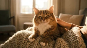 Sahibinin dizlerindeki yumuşak bir battaniyeyi patileriyle yoğuran, gözleri kapalı ve mutlu bir kedi.