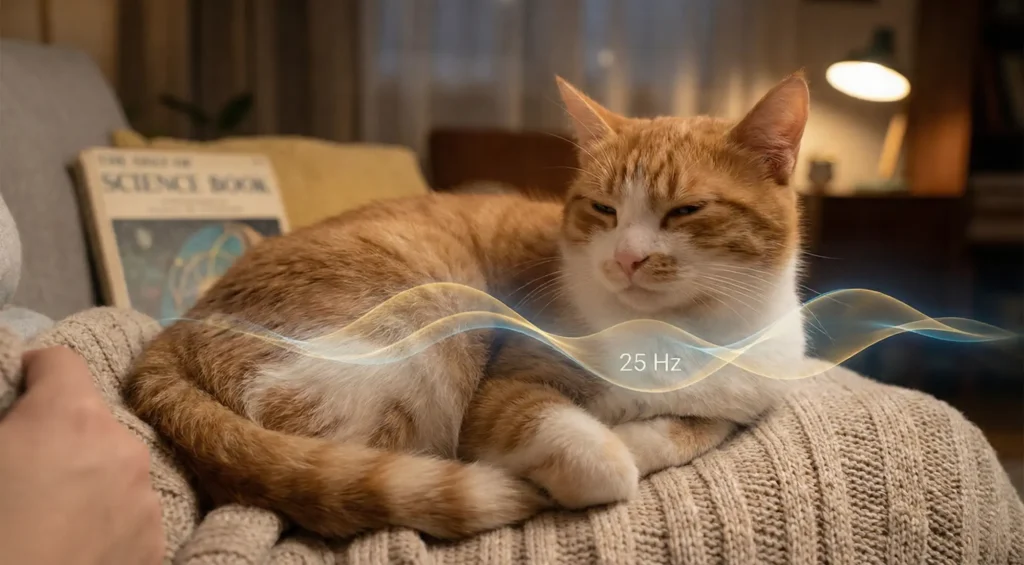 Kucağında uyuyan bir kedi ve etrafında sembolik ses dalgaları (frekans) olan huzurlu bir görsel.