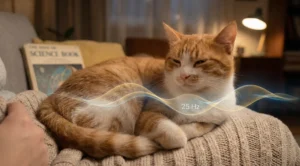 Kucağında uyuyan bir kedi ve etrafında sembolik ses dalgaları (frekans) olan huzurlu bir görsel.