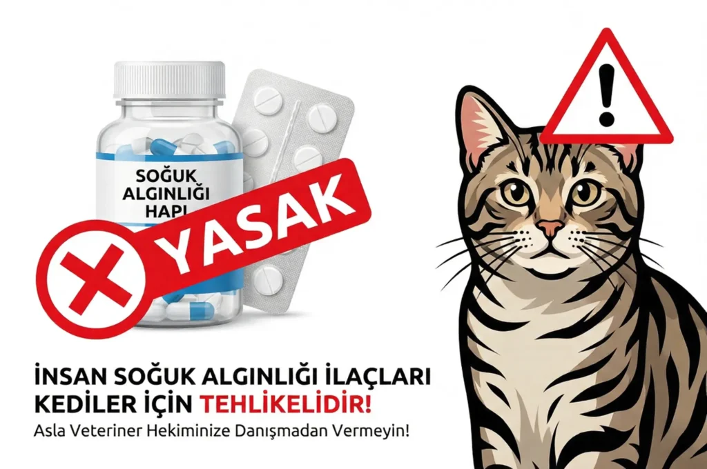 İnsan grip ilaçlarının (hapların) üzerinde kırmızı "Yasak/X" işareti olan uyarı görseli.