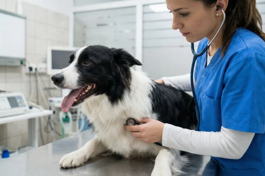 Veteriner hekimin stetoskop ile hızlı nefes alan bir köpeğin kalp ve akciğerlerini dinlemesi