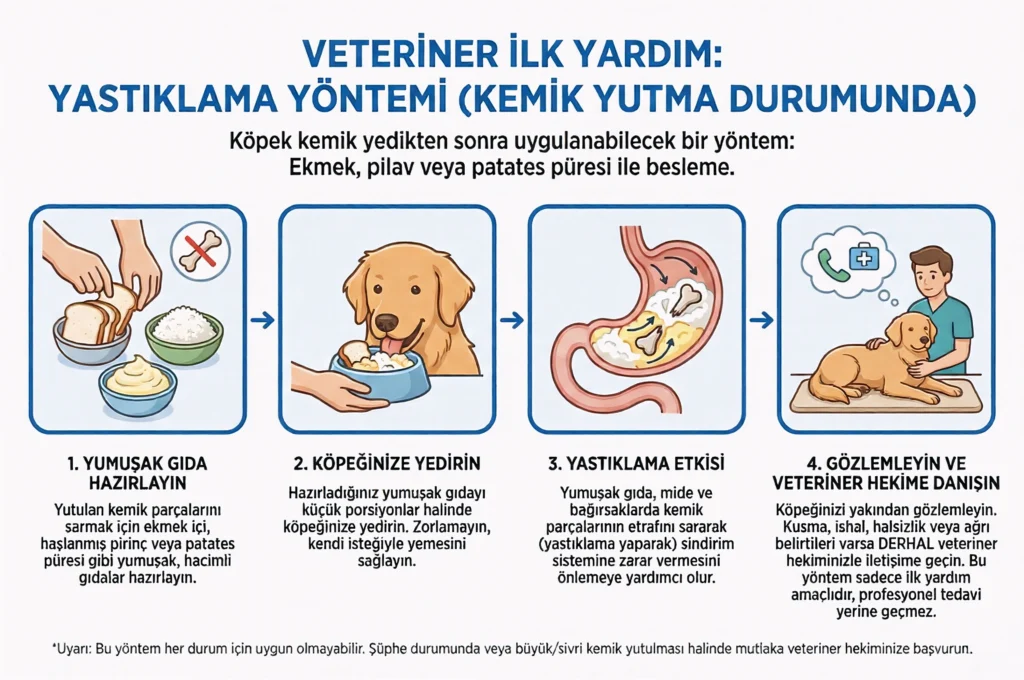 Köpeğe ekmek, pirinç veya patates püresi yedirilerek yapılan "Yastıklama" yöntemini gösteren veteriner infografiği.