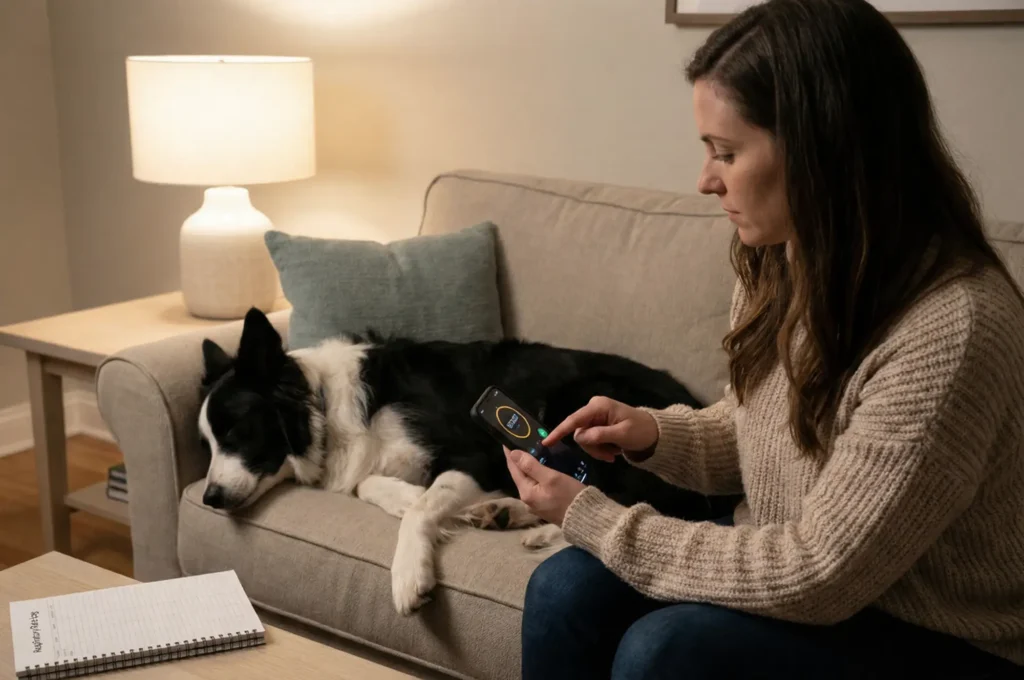 Uyuyan köpeğinin göğüs kafesi hareketlerini izleyerek telefonunun kronometresiyle solunum sayısını ölçen köpek sahibi