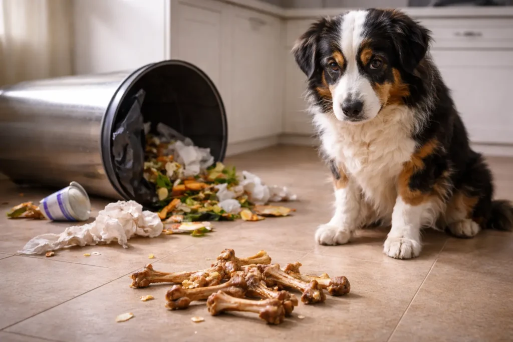Mutfakta devrilmiş çöp kutusunun yanındaki pişmiş tavuk kemiklerine bakan suçlu bir köpek. Köpekler tavuk kemiği yiyebilir mi konusunda kapak resmi.
