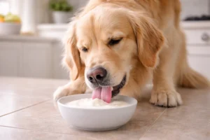 Köpekler yoğurt ve peynir yiyebilir mi? Mutfağın zemininde kasesindeki sade yoğurdu iştahla yalayan sevimli bir Golden Retriever.