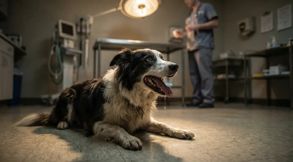 Yatağında yatan, endişeli gözlerle bakan, titreyen ve hızlı nefes alan hasta bir köpek