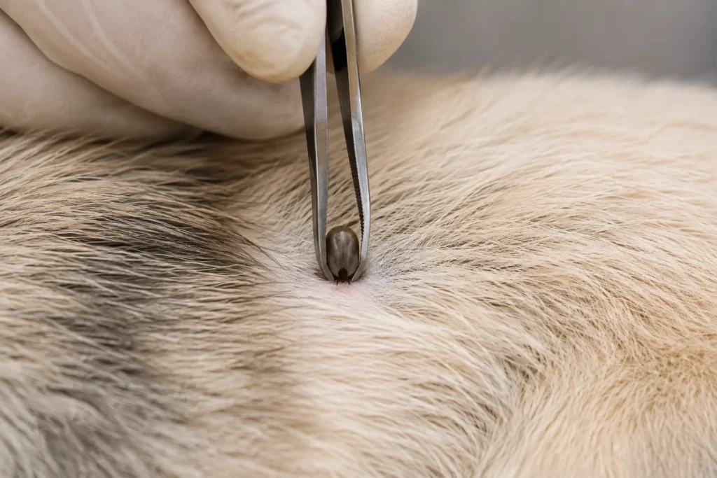 Köpeğin derisine yapışmış kenenin ince uçlu cımbızla deriye yakın noktadan doğru şekilde çıkarılması