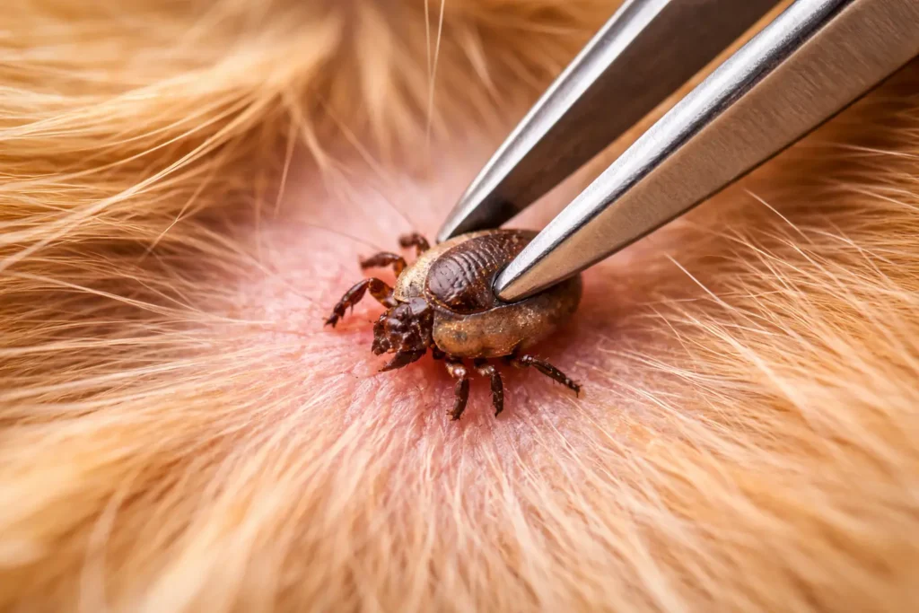 Bir köpeğin derisinden özel cımbızla kene çıkaran veteriner eli.