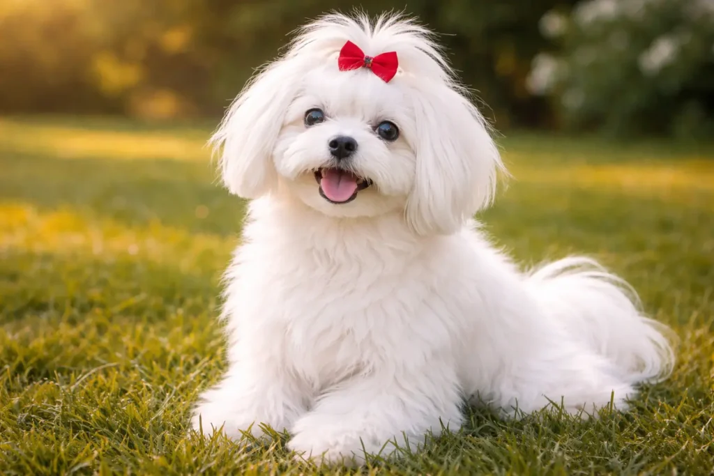 Yemyeşil çimlerin üzerinde, bembeyaz tüyleri parlayan, başında küçük bir toka olan mutlu Maltese Terrier.
