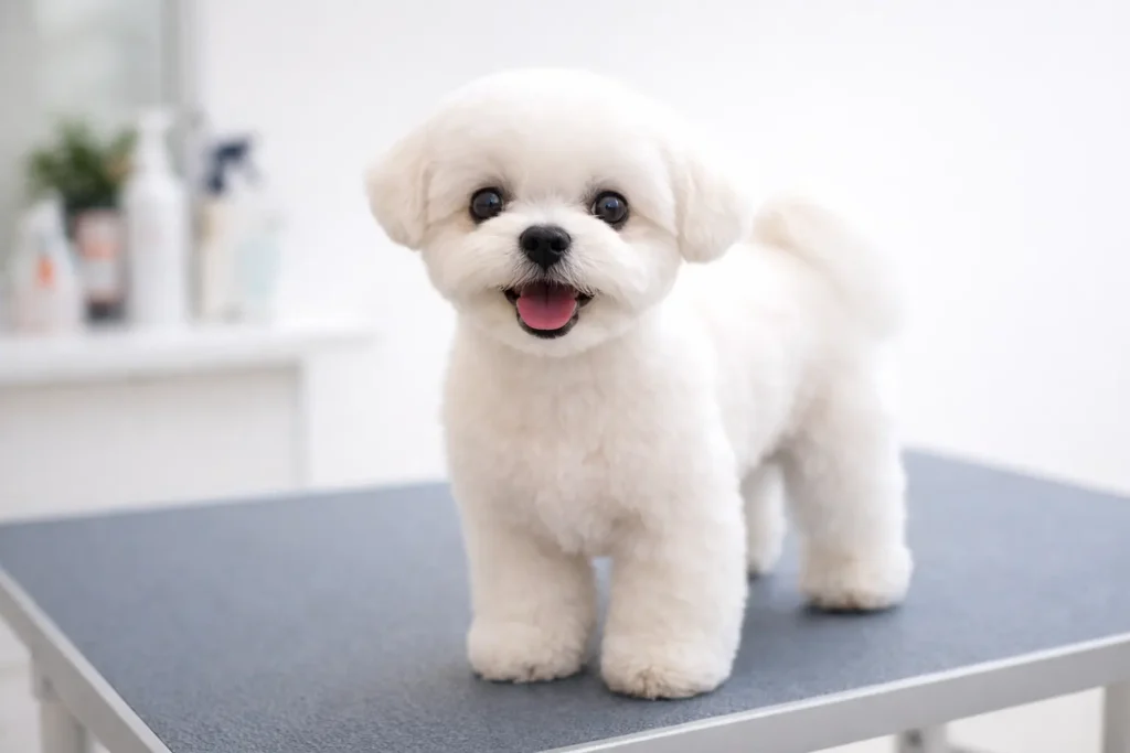 Puppy Cut tıraşı yapılmış, tüyleri kısa ve yuvarlak yüzlü sevimli Maltese Terrier