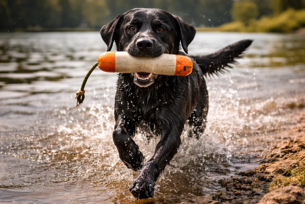Ağzında dummy taşıyarak sudan çıkan siyah Labrador Retriever