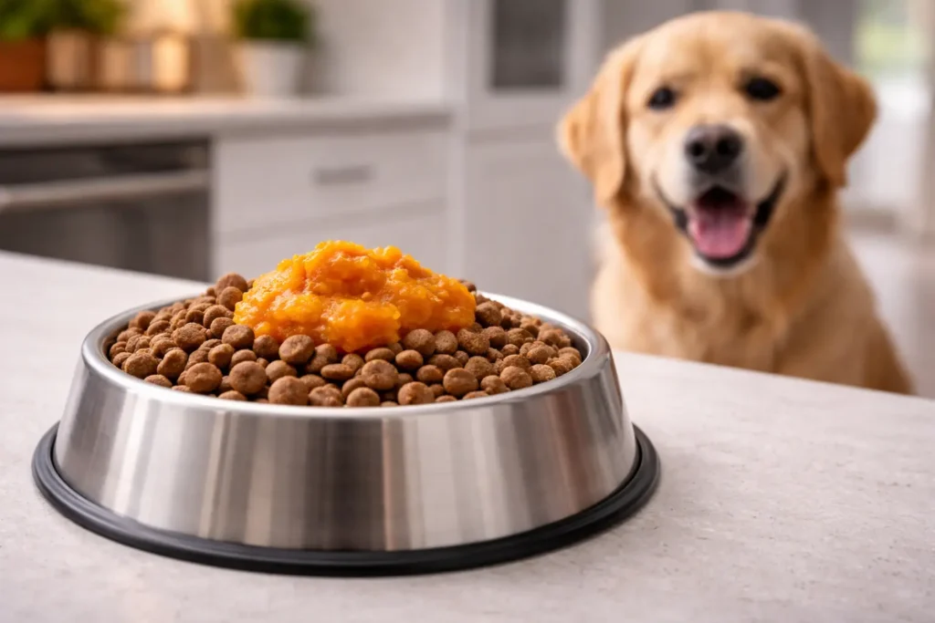 Kabızlığı çözmek için köpeğin kuru mamasına karıştırılan doğal, şekersiz balkabağı püresi.