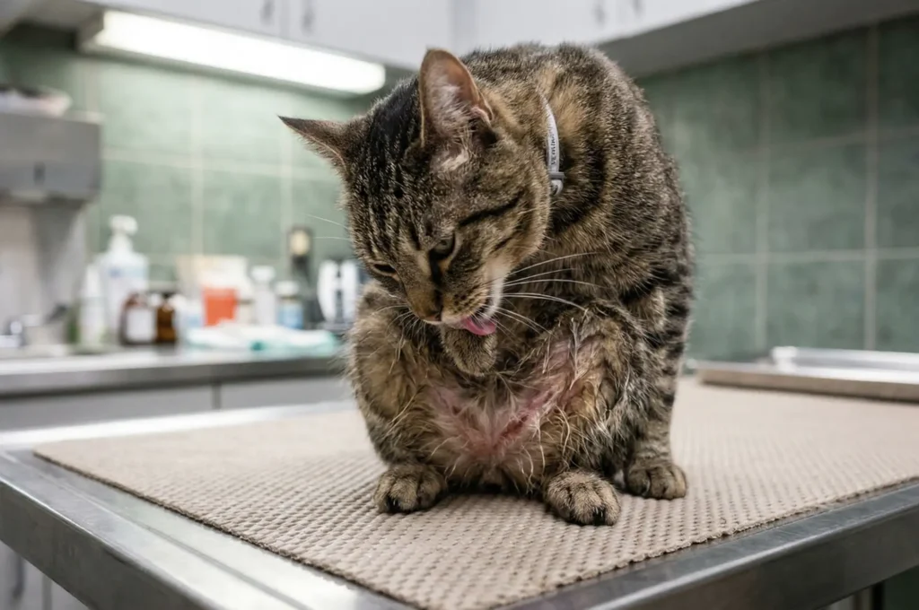 İdrar yolu tahrişi nedeniyle sürekli genital bölgesini yalayarak acısını dindirmeye çalışan kedi.