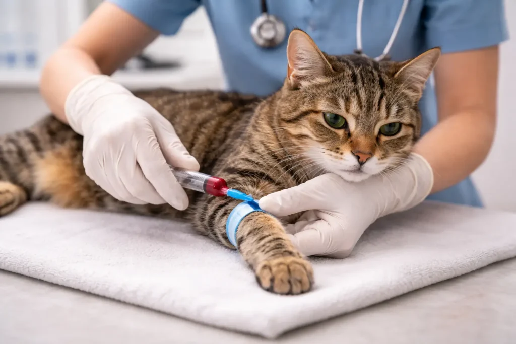 Veteriner kliniğinde böbrek değerleri için koldan kan testi yapılan bir kedi.