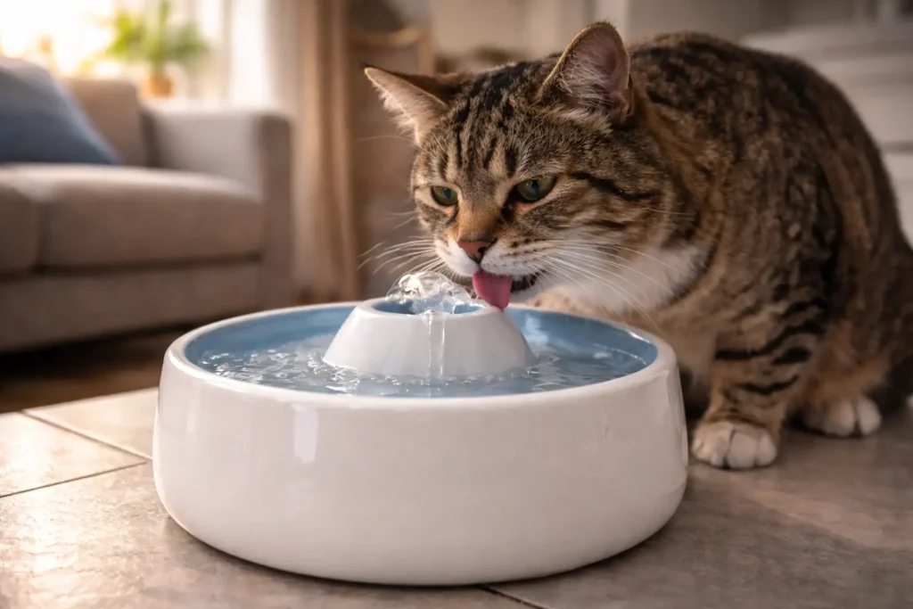 Modern, seramik bir kedi su pınarından akan temiz suyu keyifle içen kedi