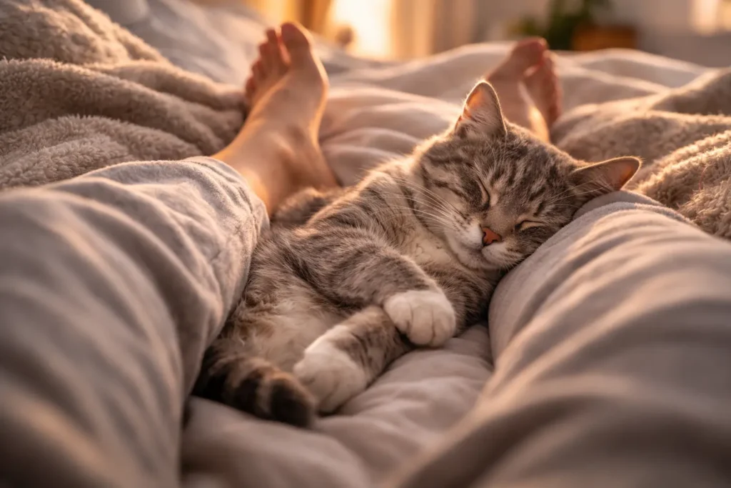 Yatakta sahibinin bacaklarının arasında güvenle uyuyan kedi