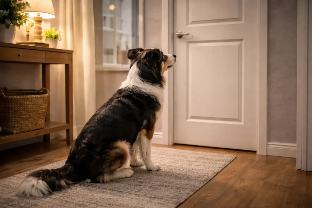 Sahibinin banyodan çıkmasını beklerken banyo kapısının önünde koruma içgüdüsüyle oturan sadık köpek.