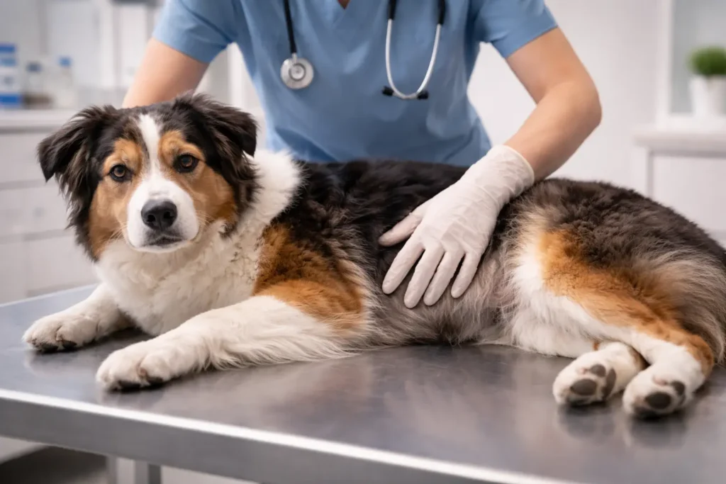Veteriner hekim tarafından klinikte karın ve bağırsak muayenesi yapılan köpek.