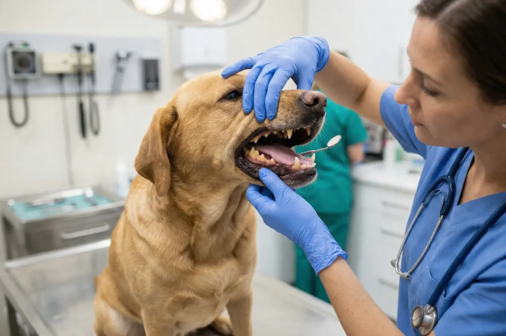 Veteriner hekimin iştahsız bir köpeğin ağız içini ve diş etlerini (gingivitis veya kırık diş ihtimaline karşı) muayene etmesi.