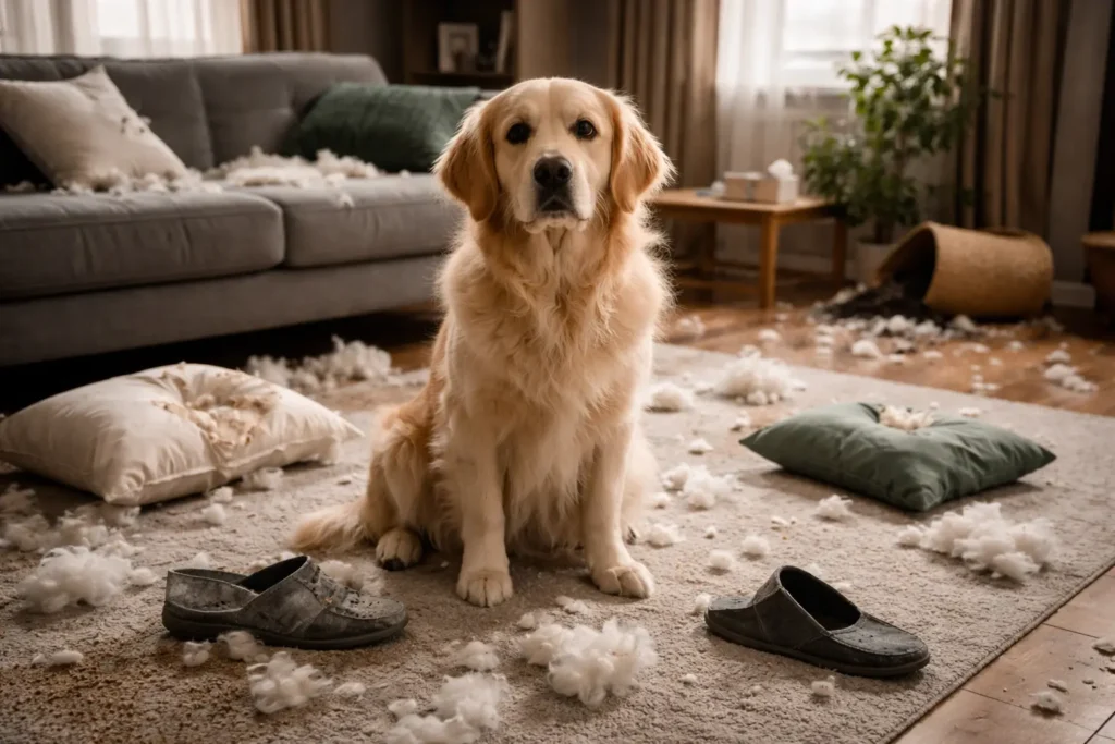 Evde yalnız kaldığında yaşadığı panik ve stresten dolayı koltuğu parçalayan köpek.