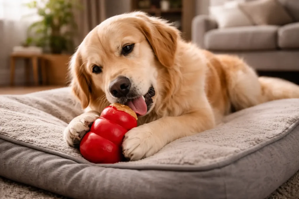 Yalnız kalma eğitimi sürecinde içi mama dolu KONG oyuncağıyla ilgilenerek sakinleşen köpek.