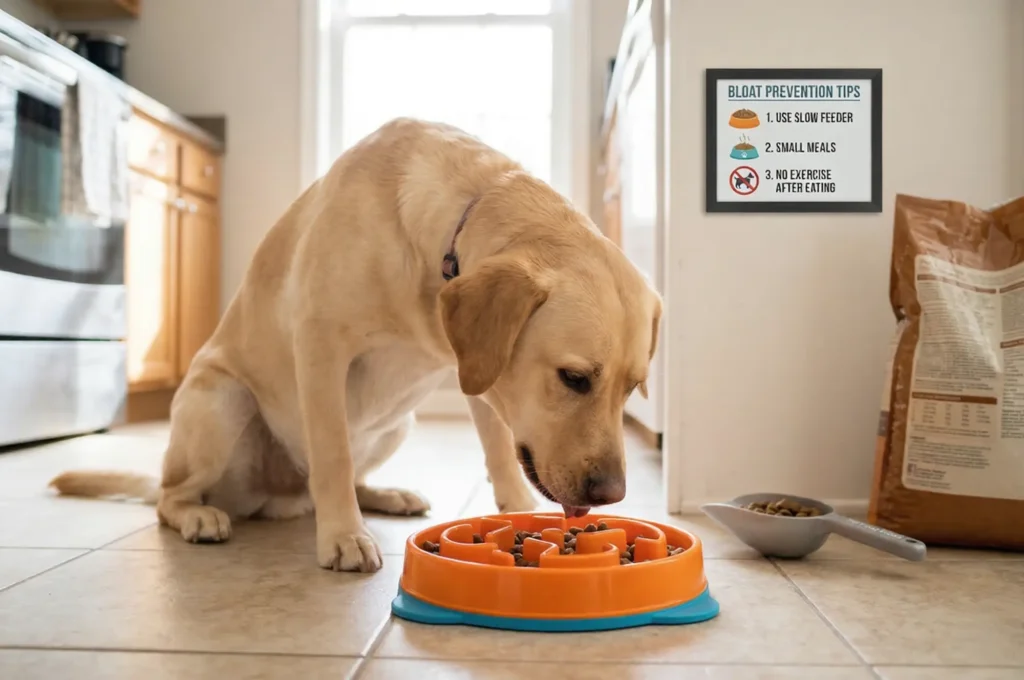 Mide dönmesini engellemek için tasarlanmış labirent şeklindeki "Slow Feeder" mama kabından yavaşça yemek yiyen köpek.