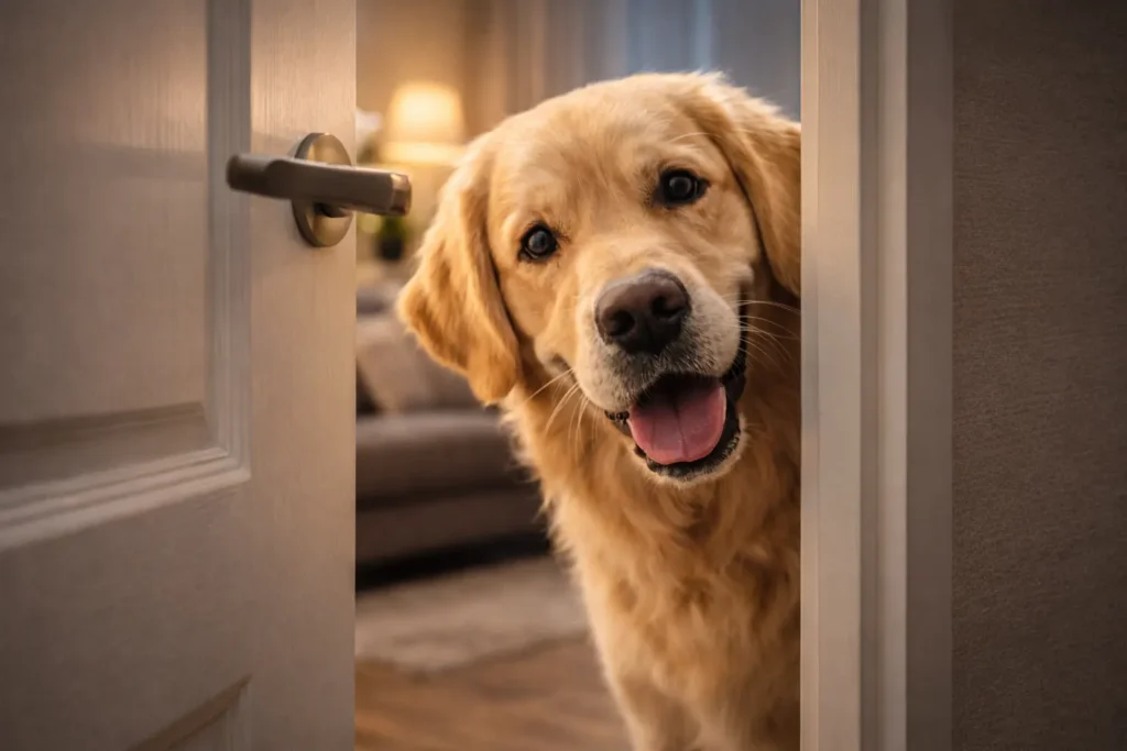 Sahibinin peşinden ayrılmayan, kapı aralığından sahibine sevgi ve merakla bakan ev köpeği.