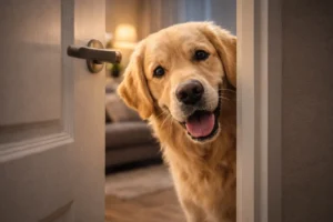 Sahibinin peşinden ayrılmayan, kapı aralığından sahibine sevgi ve merakla bakan ev köpeği.