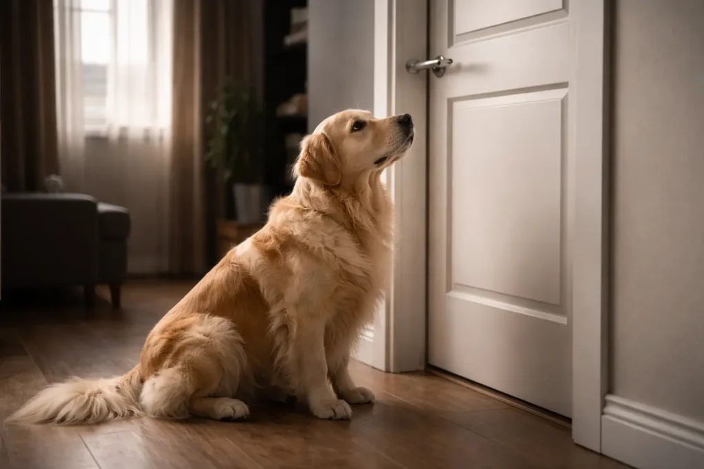 Sahibinin evden gitmesini kapının önünde üzgün ve ayrılık kaygısı yaşayan köpek.