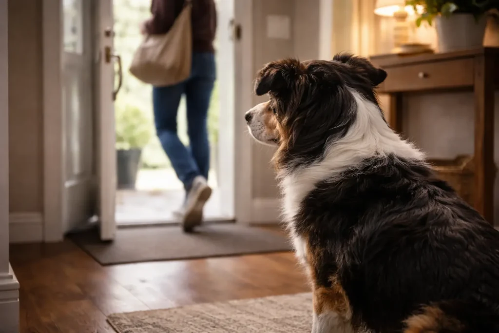 Sahibinin evden çıkışını izlerken kapının önünde huzursuzca bekleyen, kaygılı köpek.