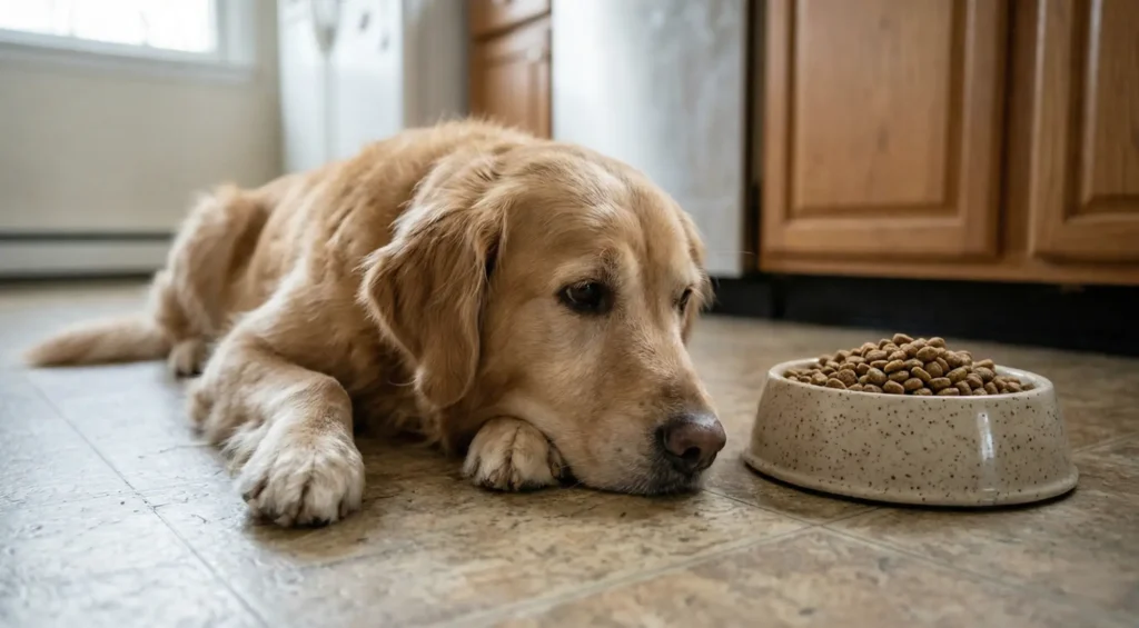 Önündeki dolu mama kabını görmezden gelen iştahsız köpek