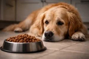 Önündeki dolu kuru mama kabına bakmayan, üzgün görünümlü ve iştahsız bir köpek.