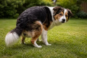 Yürüyüş sırasında çimlerin üzerinde dışkılamaya çalışan ancak zorlanan (ıkınan) huzursuz bir köpek.