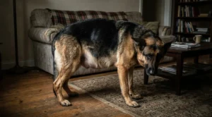 Karın bölgesi anormal derecede şişmiş, huzursuz görünen ve ayakta volta atan büyük ırk bir köpek.
