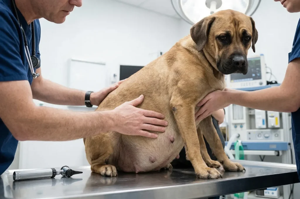 Mide dönmesi şüphesiyle veteriner muayenesinde karın kontrolü yapılan köpek.