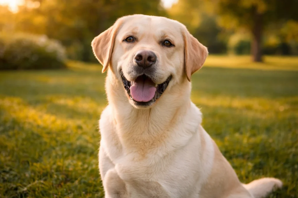 Doğada oturan dost canlısı sarı Labrador Retriever