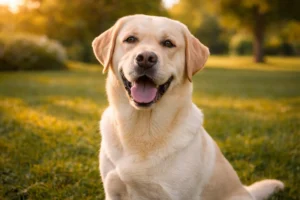 Doğada oturan dost canlısı sarı Labrador Retriever