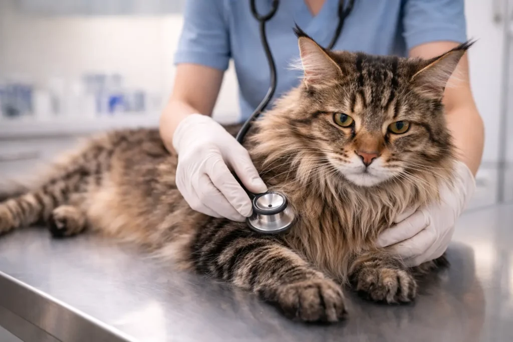 Veteriner hekimin stetoskopla dev bir Maine Coon kedisinin kalbini (HCM kontrolü) dinlemesi.