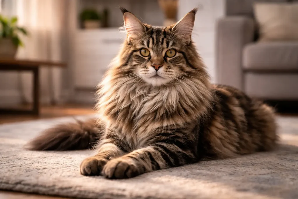 Heybetli yelesi, uzun kulak tüyleri (vaşak kulakları) ve delici bakışlarıyla devasa boyutlarda bir Maine Coon kedisi.